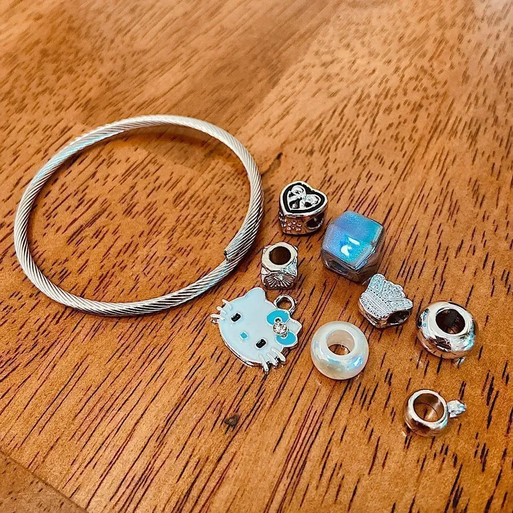 Unique Pandora Style Charm Bracelet DIY Customizable Kitty Pearl & Heart Beads
